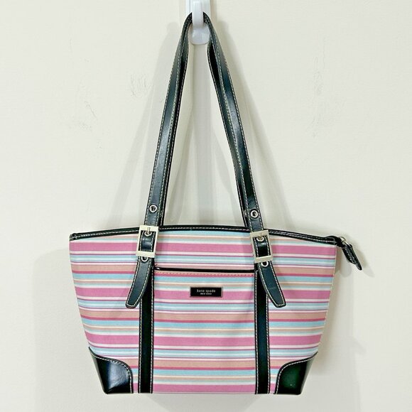 VINTAGE KATE SPADE NY Striped Satchel Pink Blue Coated Canvas Black Trim - RARE - Picture 1 of 16
